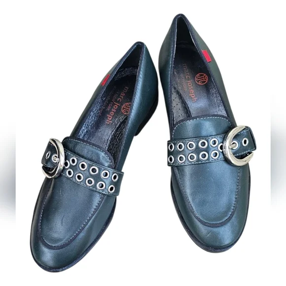 Marc Joseph - Summit St Dark Hunter Green Leather Loafers Grommet Strap & Buckle - Picture 1 of 12